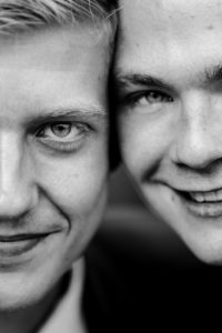 Black and white close up portrait of gay couple who poses for a gay wedding photoshoot in Netherlands Utrecht