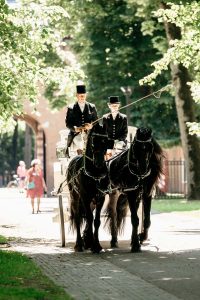 A horse-drawn carriage approaches Kasteel de Haar, a picturesque castle in the Netherlands, for a wedding ceremony. The carriage adding the romantic and elegant atmosphere of the occasion.